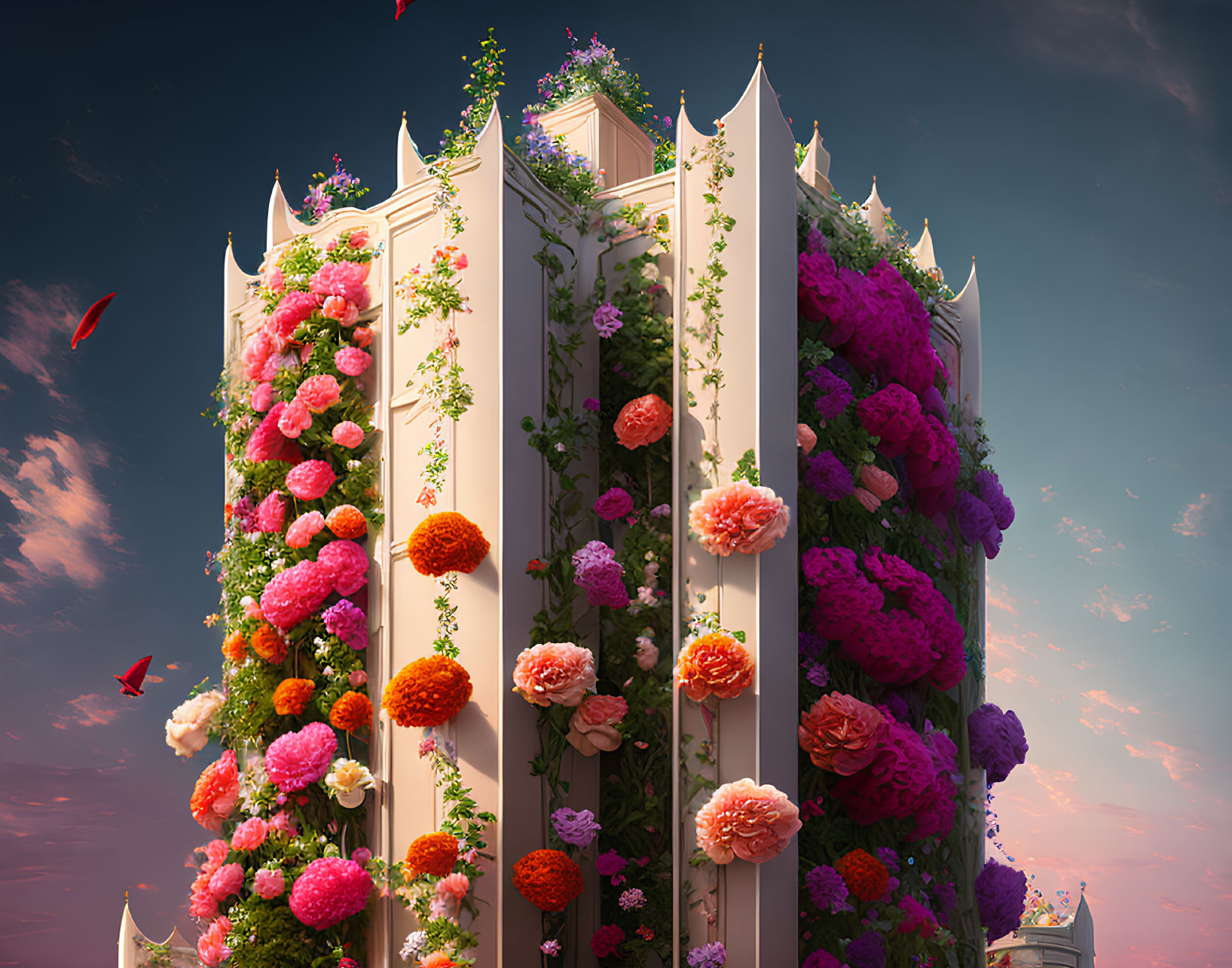 Colorful Flower-Covered Building at Sunset with Butterflies