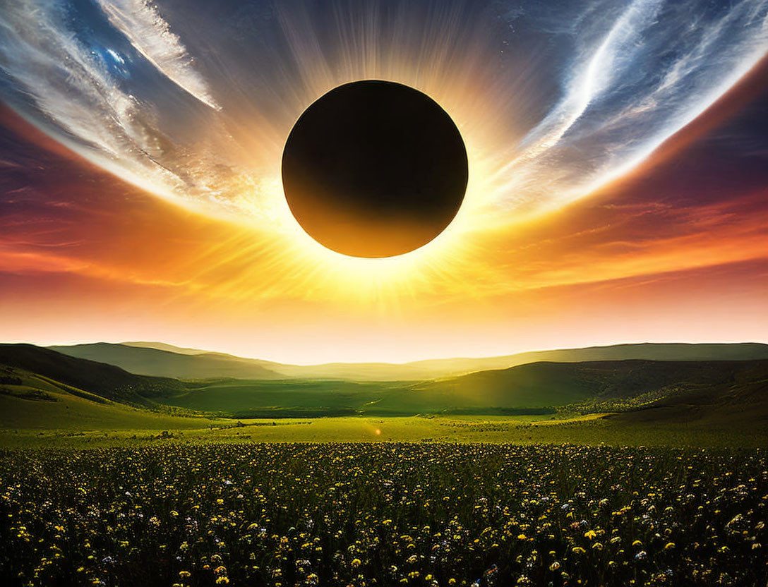 Solar Eclipse with Sunbeams over Blossoming Field and Hills