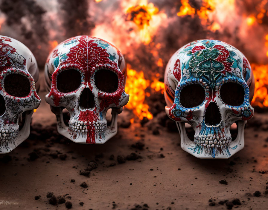 Ornate Skulls with Floral Patterns on Fiery Background