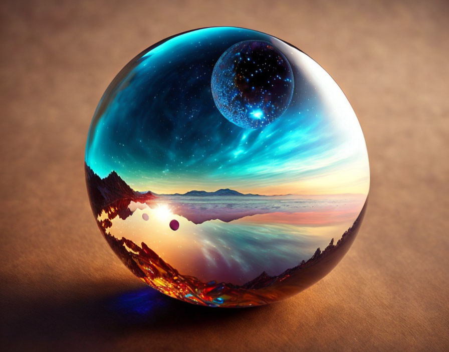 Glass sphere reflecting vibrant cosmic landscape with stars, mountains, and sunset sky