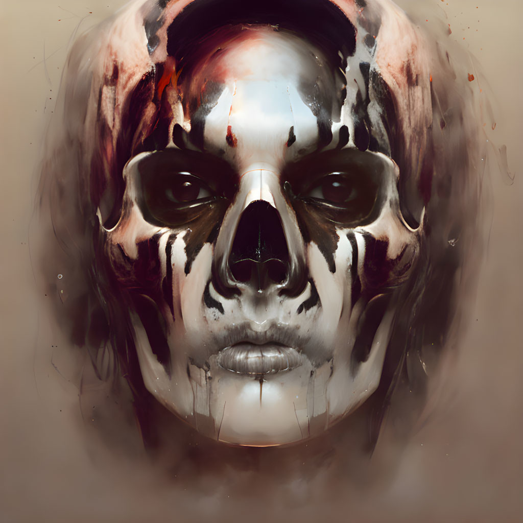 Skull with somber expression and dark eye sockets on warm-toned backdrop