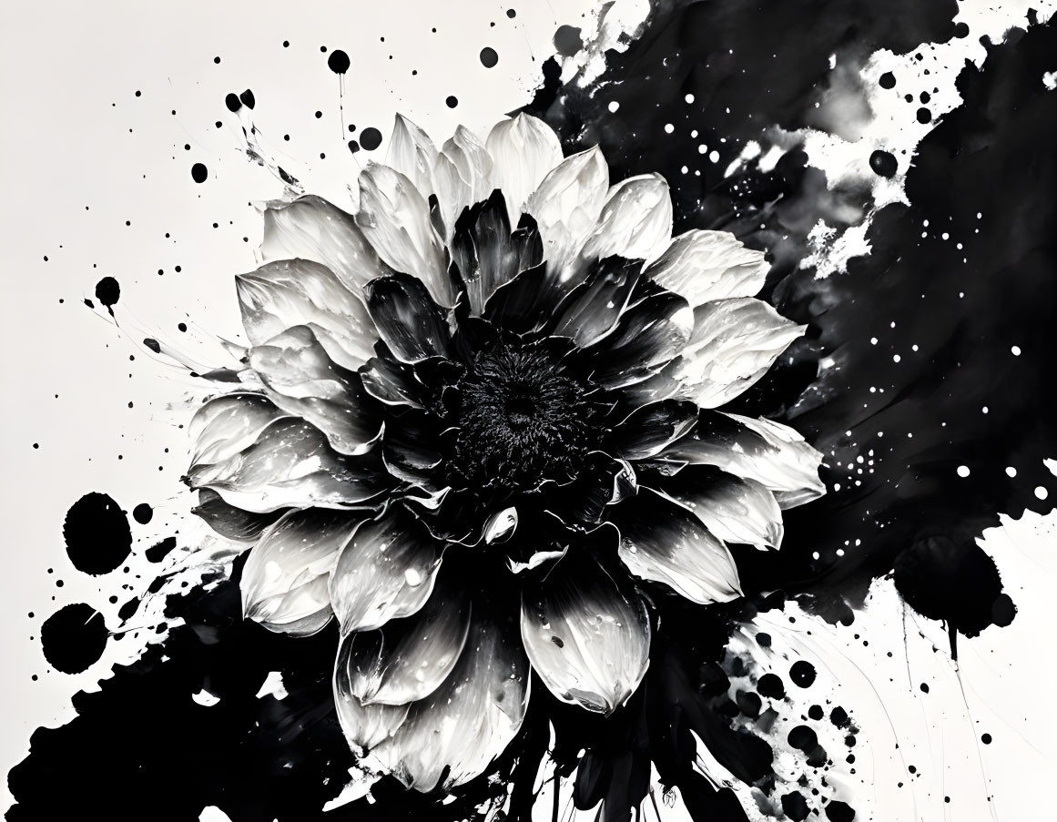 Monochrome flower image with detailed petals and splattered ink on white background