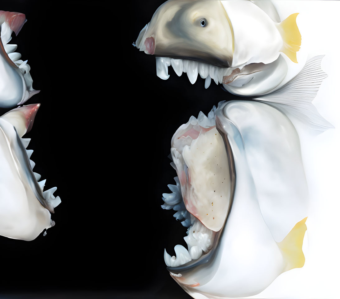Detailed surreal illustration of two fish heads with sharp teeth on dark background
