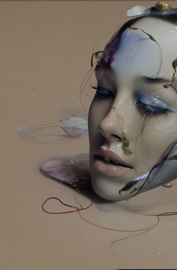 Surreal female face emerging from liquid with flowers and colors