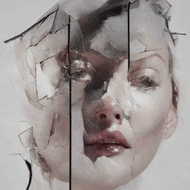 Fragmented woman's face in broken-glass effect symbolizes fragility and complexity