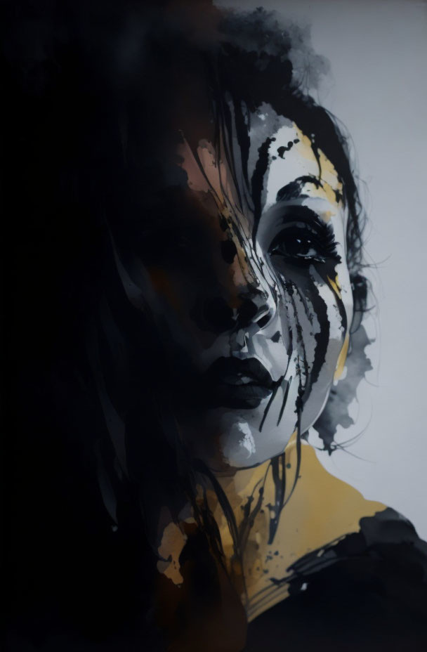 Moody digital painting of a woman with dark, dripping paint for abstract and somber effect