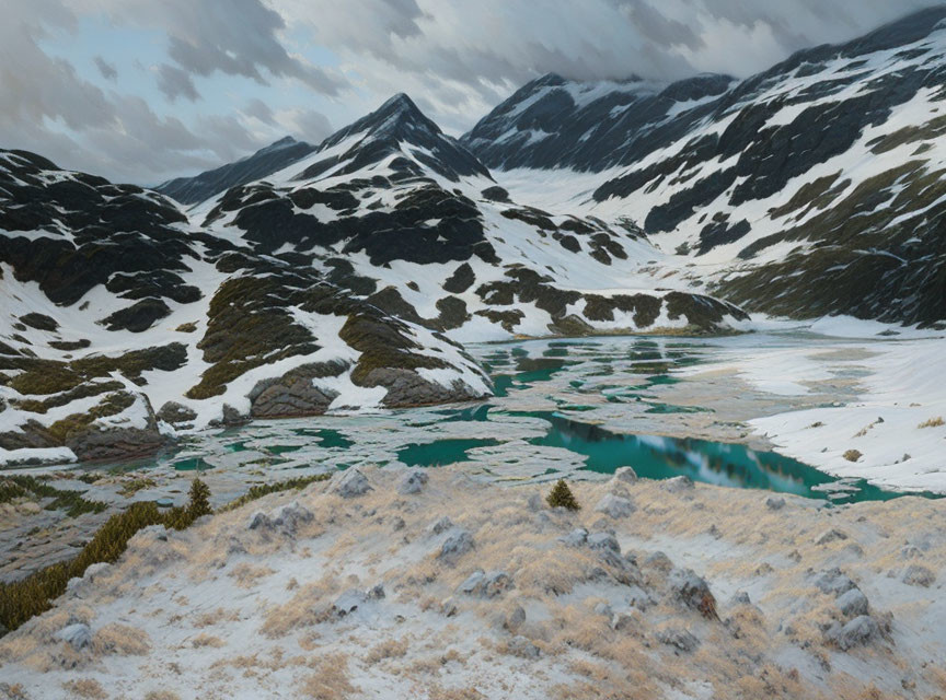 Snowy peaks and frozen lakes in serene mountain landscape