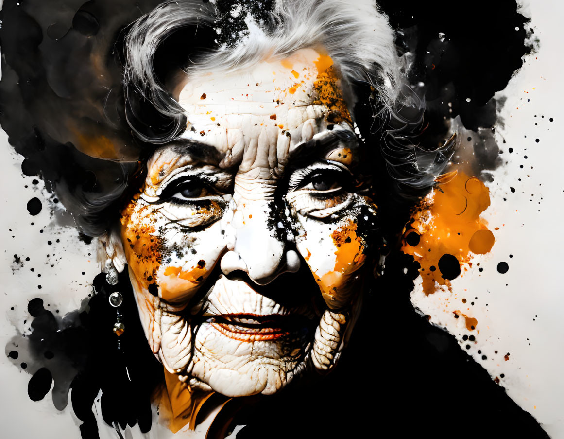 Elderly woman portrait with wrinkles and warm smile on black and orange splatter background