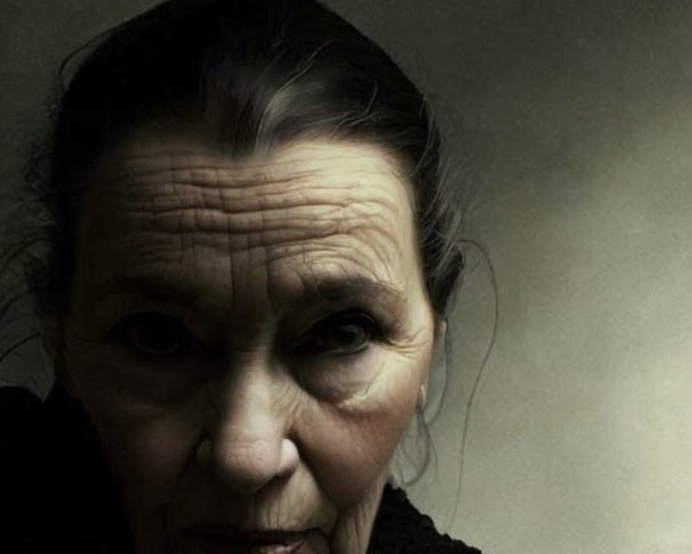 Portrait of elderly woman with deep-set eyes and solemn expression in intense lighting.