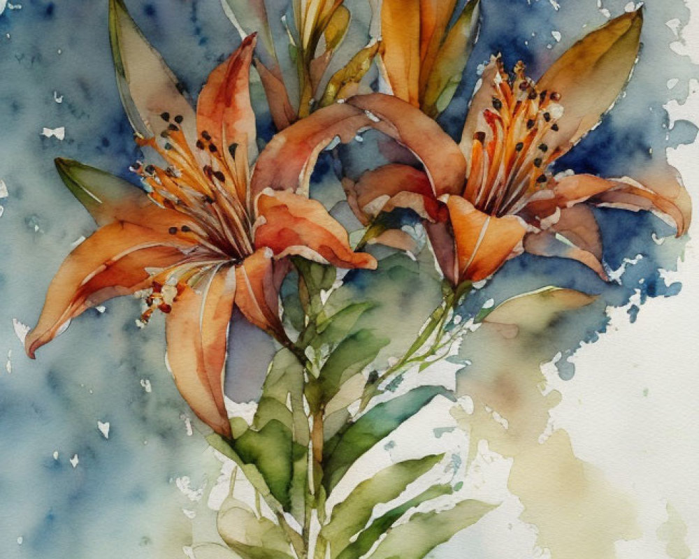 Vibrant orange lilies in watercolor with blue splattered background