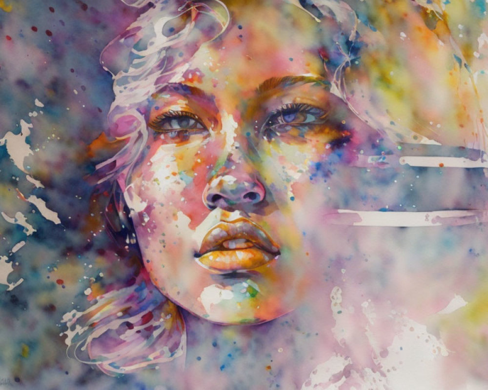 Vibrant watercolor painting of a woman's face with abstract splashes