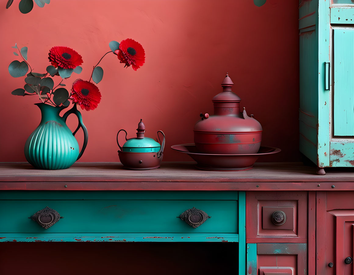 Teal vintage kitchenware on wooden sideboard with red wall backdrop.
