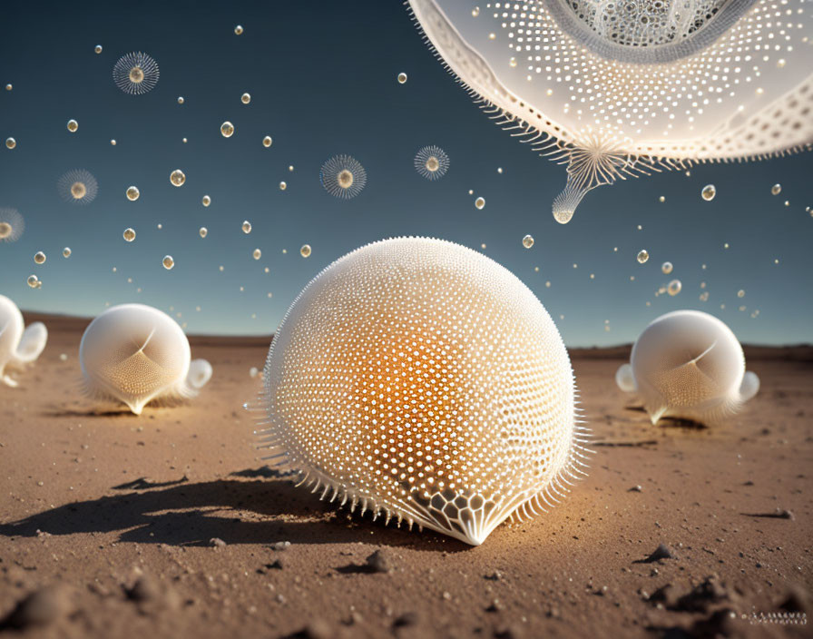 Surreal image: luminescent organisms above desert landscape