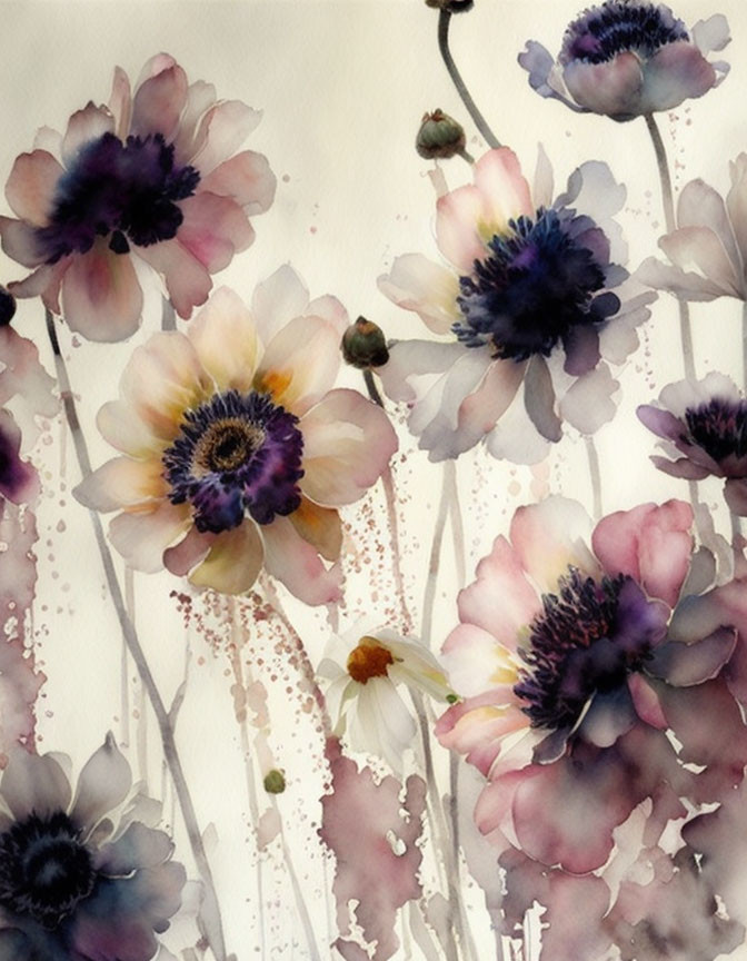 Delicate Anemones Watercolor Painting with Violet and Cream Petals