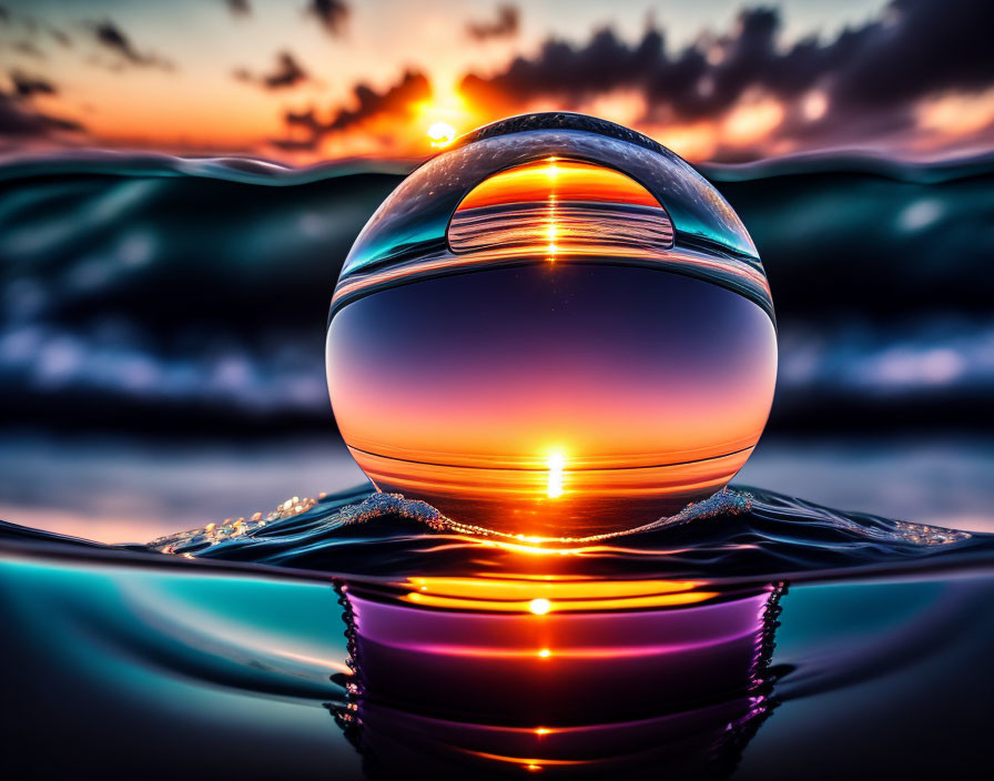 Crystal ball reflecting ocean horizon at sunset with captivating dome effect