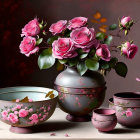 Pink roses in metallic vase with decorative bowls and scattered petals on dark backdrop