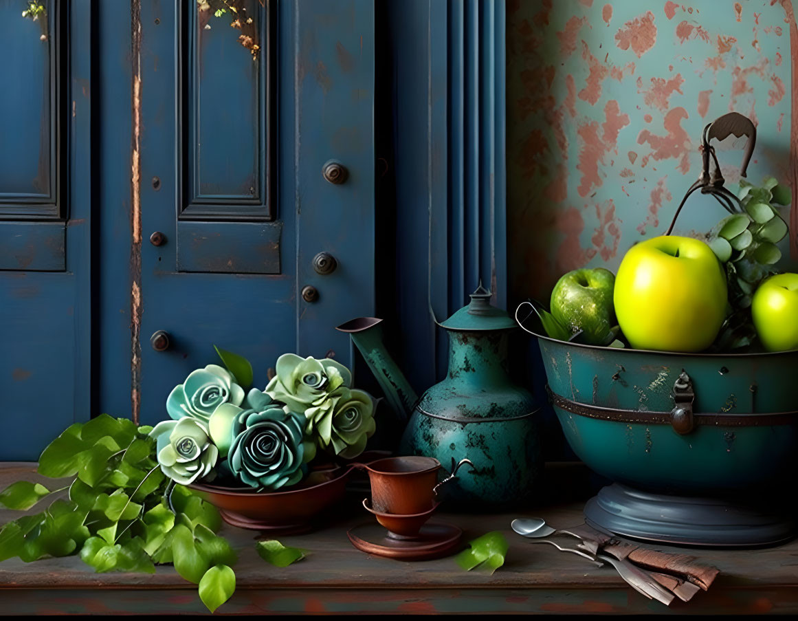 Green apples, aqua flowers, vintage watering can, teacup, keys on distressed blue backdrop