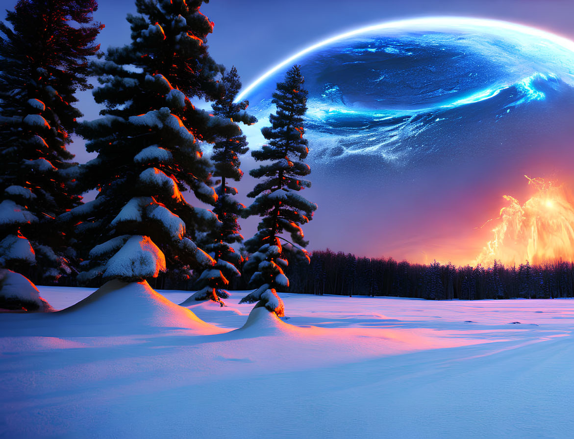 Snow-covered pine trees under oversized planet in surreal winter dusk landscape