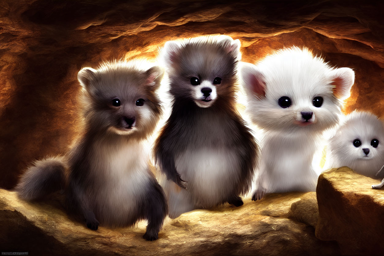 Four Fantasy Creature-Like Baby Animals on Warm Rocky Background