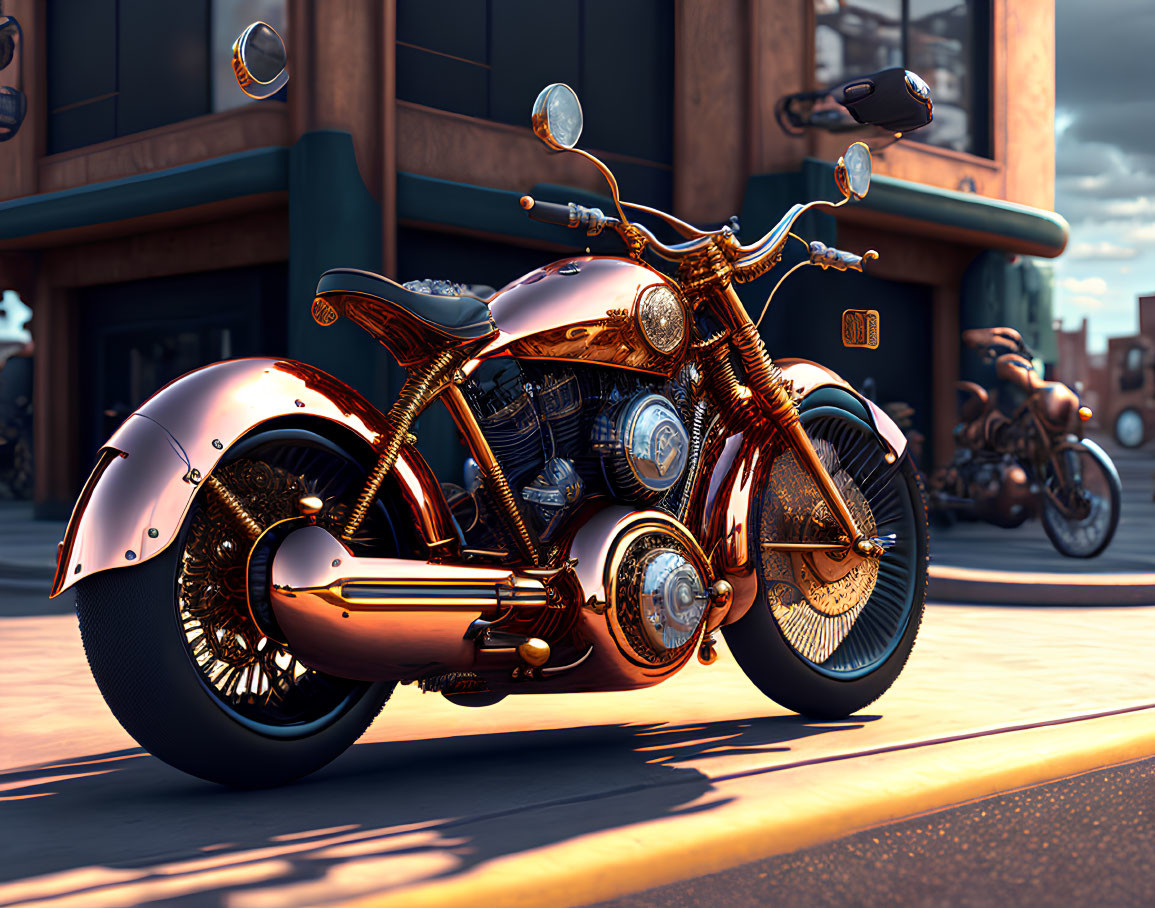 Shiny copper-colored motorcycle on urban street at sunset