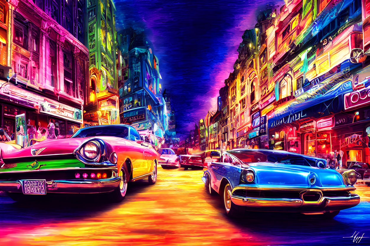 Neon-lit street with classic cars and colorful buildings at twilight