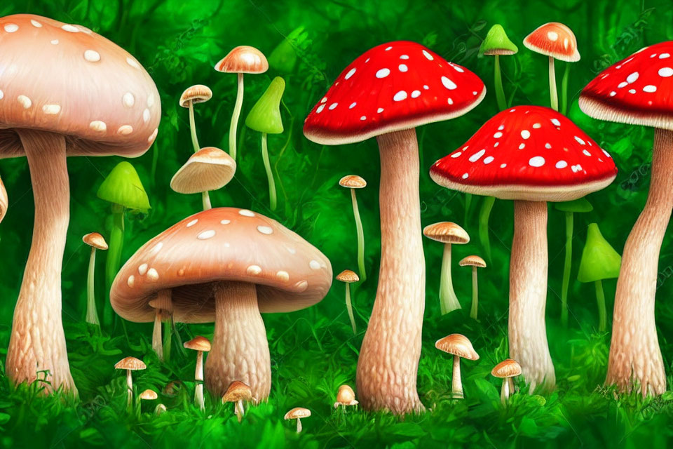 Colorful Mushroom Illustration Among Green Foliage