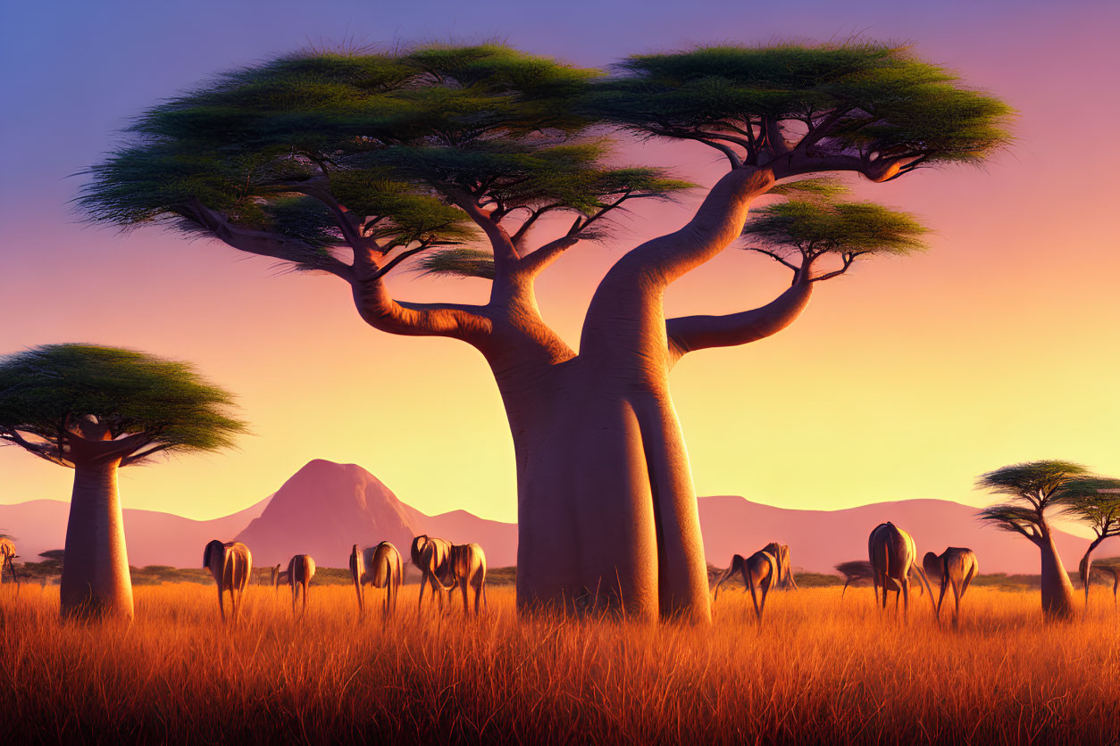 Savannah landscape at sunset with baobab trees and giraffes