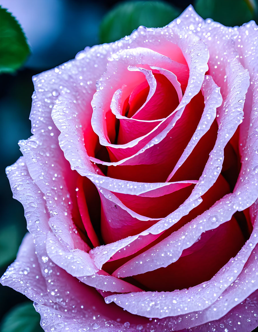 Pink Rose with Water Droplets on Petals Against Blue Background