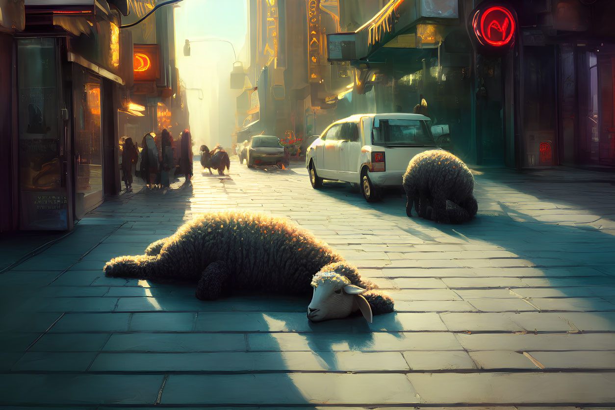 City street scene with oversized sheep under golden sunlight