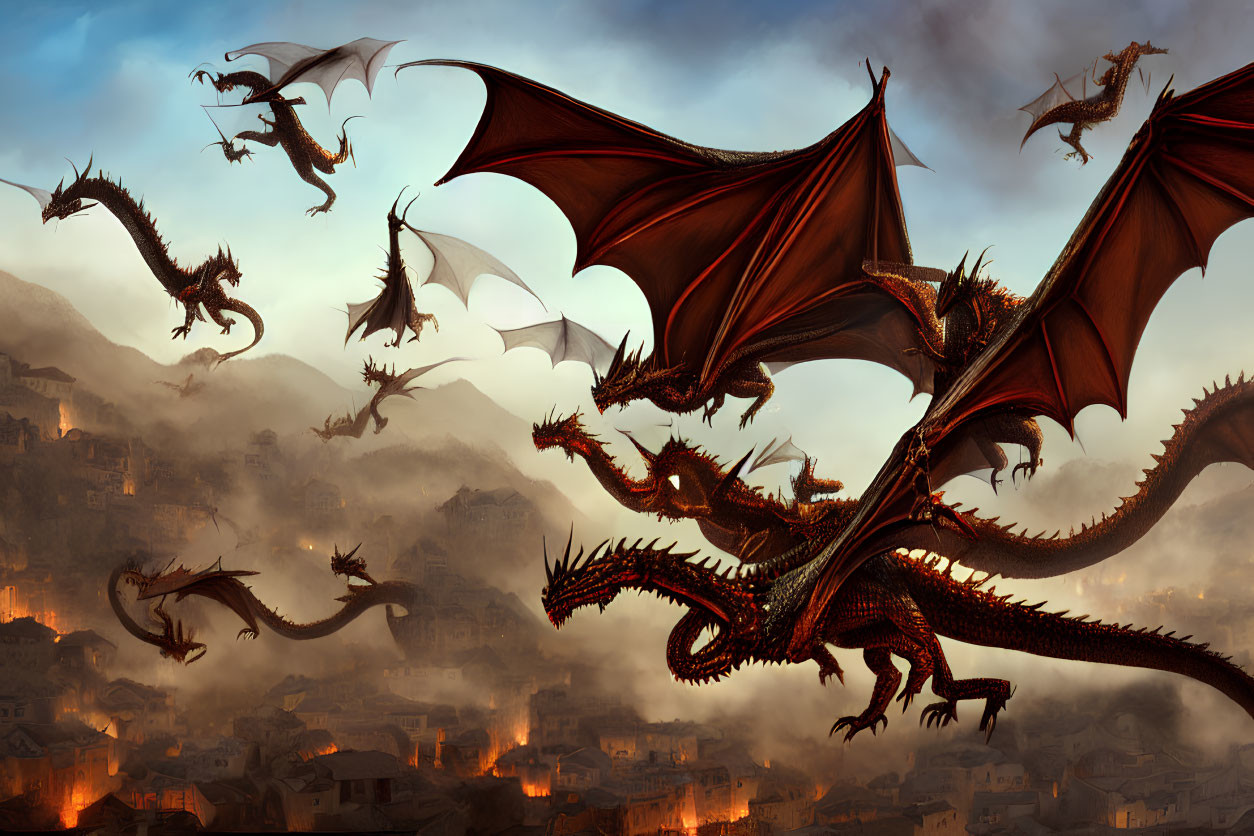 Expansive winged dragons soar over misty medieval town at dusk