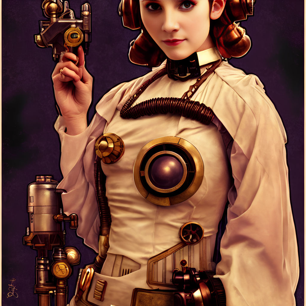 Steampunk-themed woman with mechanical arm and Victorian attire