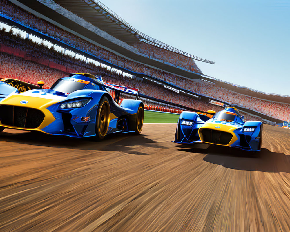 Two Blue and Yellow Race Cars Speeding on Racetrack with Packed Stands