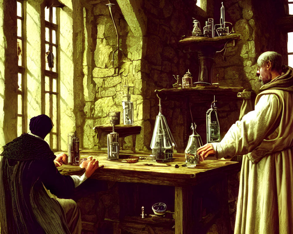 Medieval individuals in alchemy lab with glassware on table