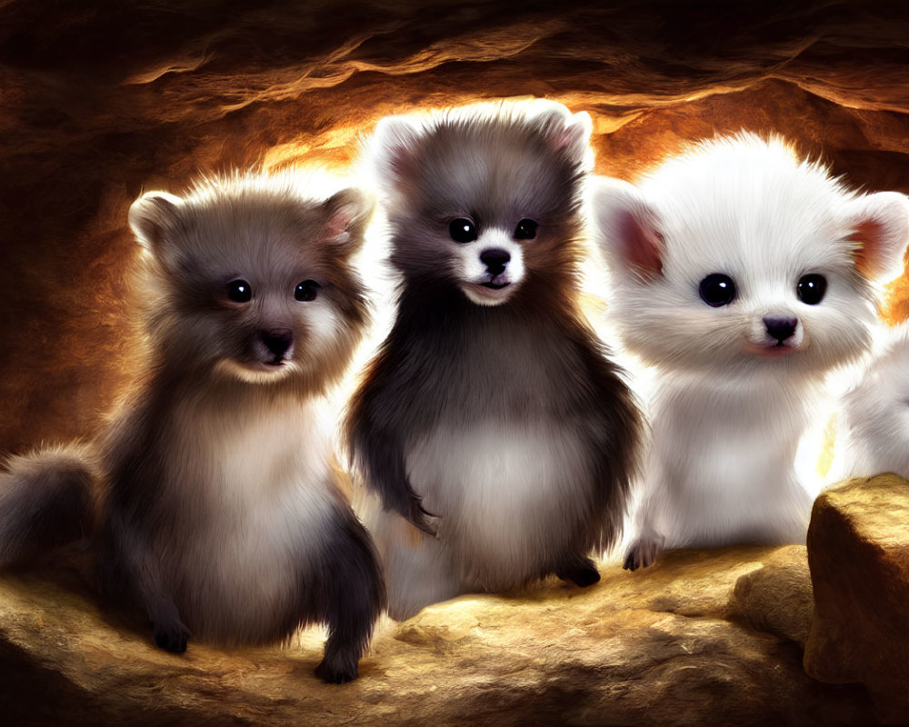 Four Fantasy Creature-Like Baby Animals on Warm Rocky Background