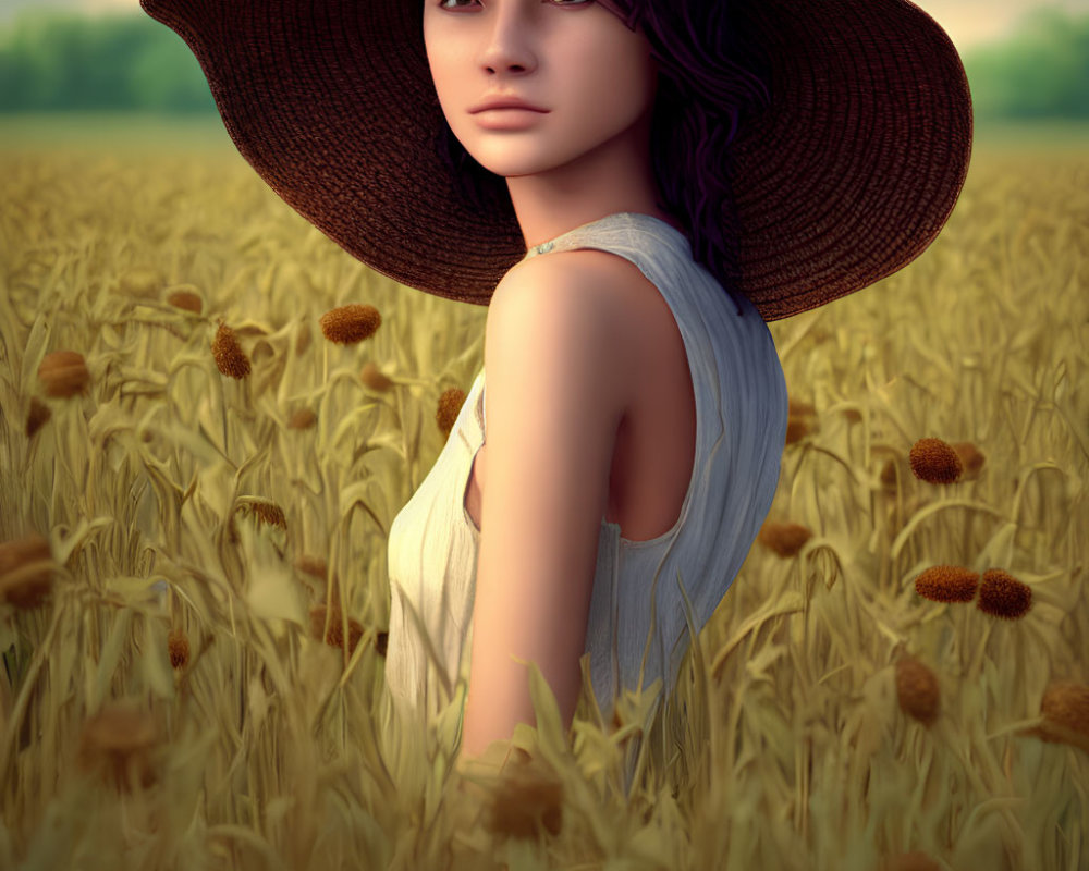 Purple-haired woman in large hat and sleeveless top in flower field.