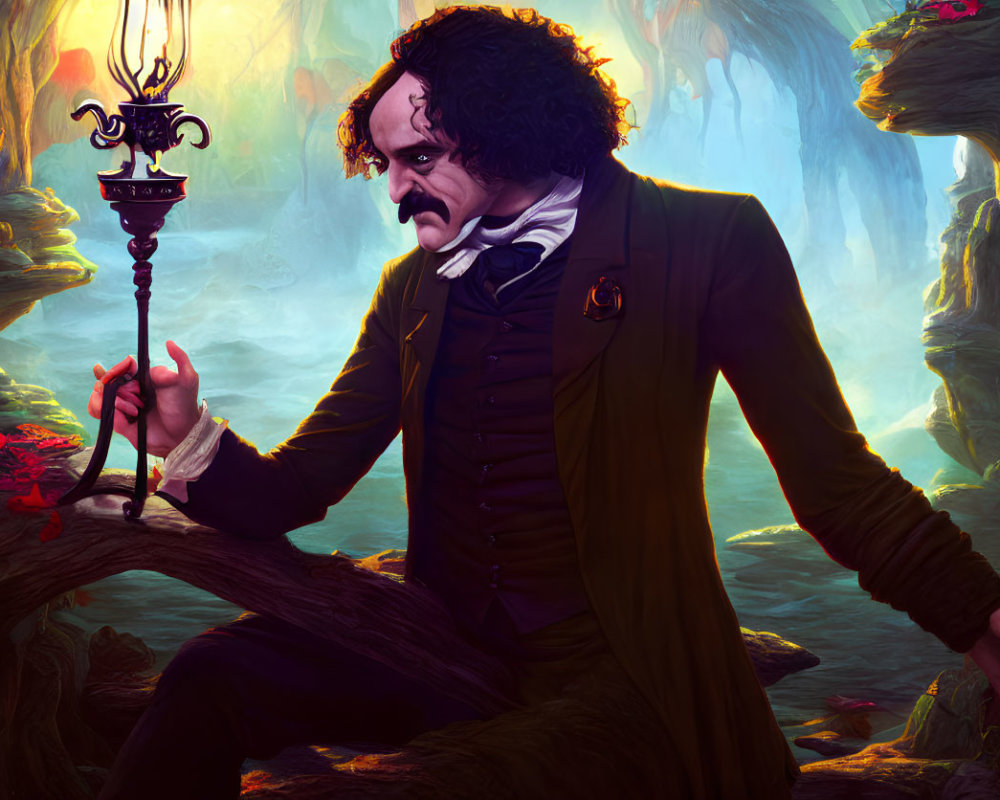 Man with Mustache and Candelabra in Vibrant Forest Scene