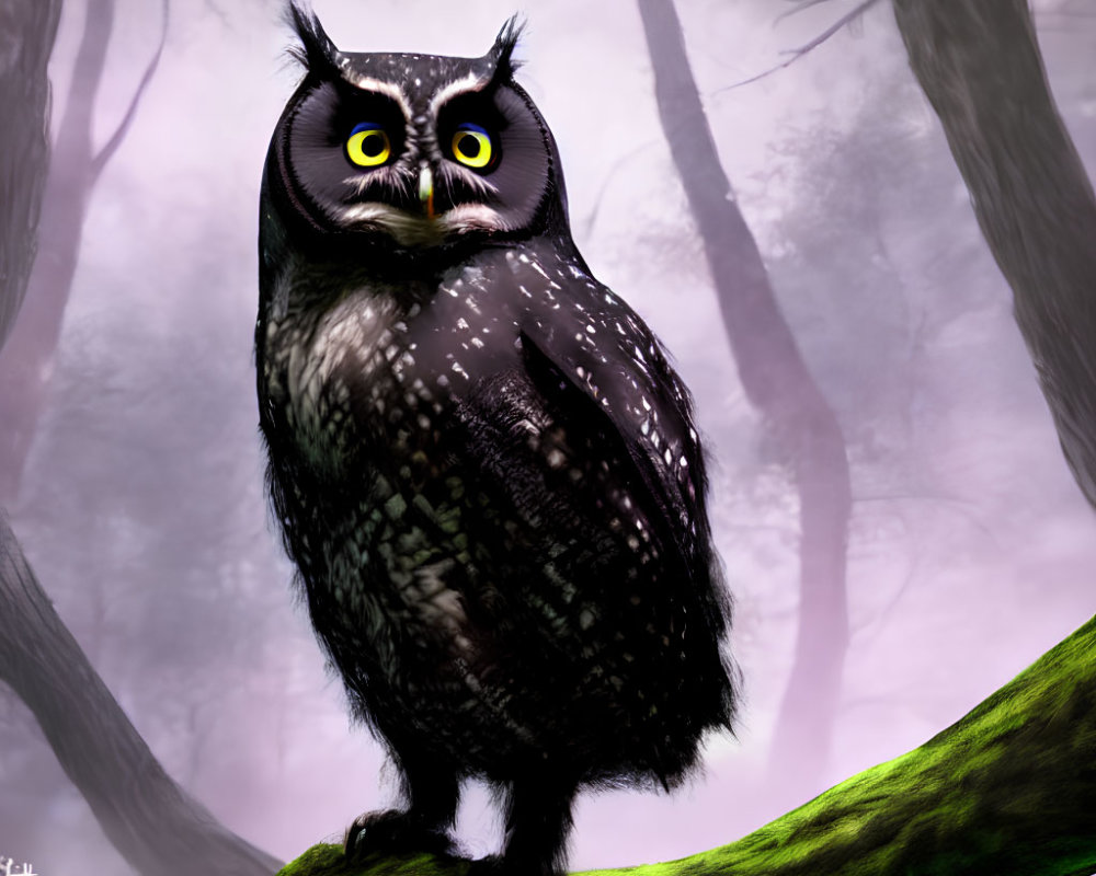Illustrated owl with large eyes on branch in mystical forest.