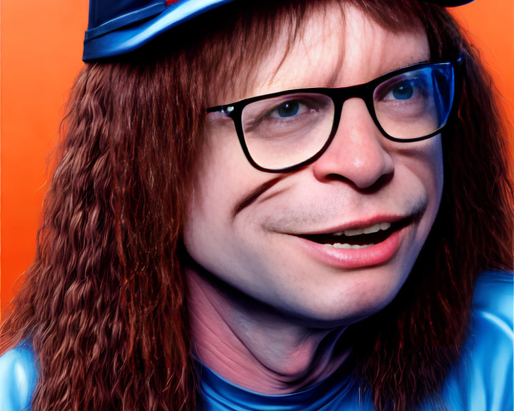 Caricatured person with blue cap and glasses on orange background