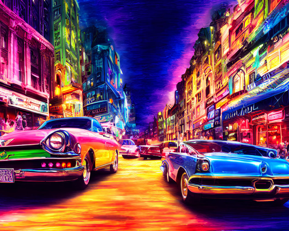 Neon-lit street with classic cars and colorful buildings at twilight