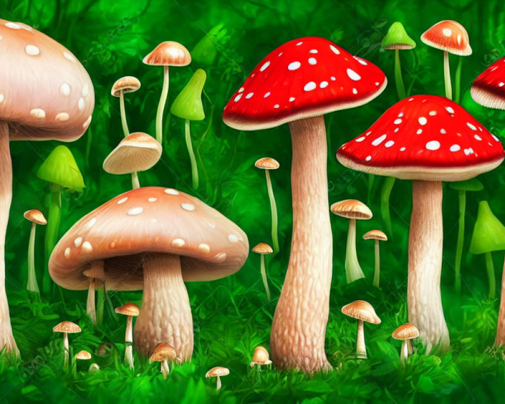 Colorful Mushroom Illustration Among Green Foliage