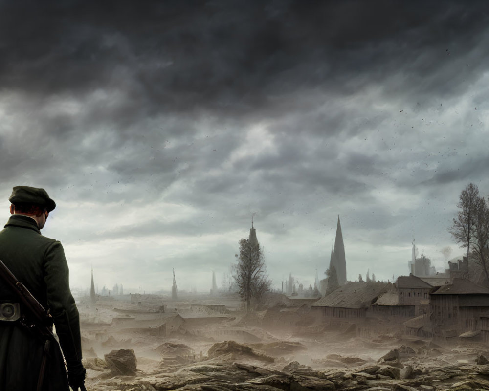 Soldier in green uniform on desolate battlefield with ravaged village under stormy sky