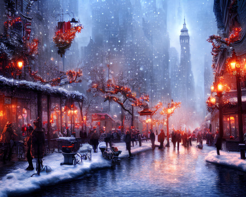 Winter city street with festive lights, decorations, people walking, and horse-drawn carriage in snowfall