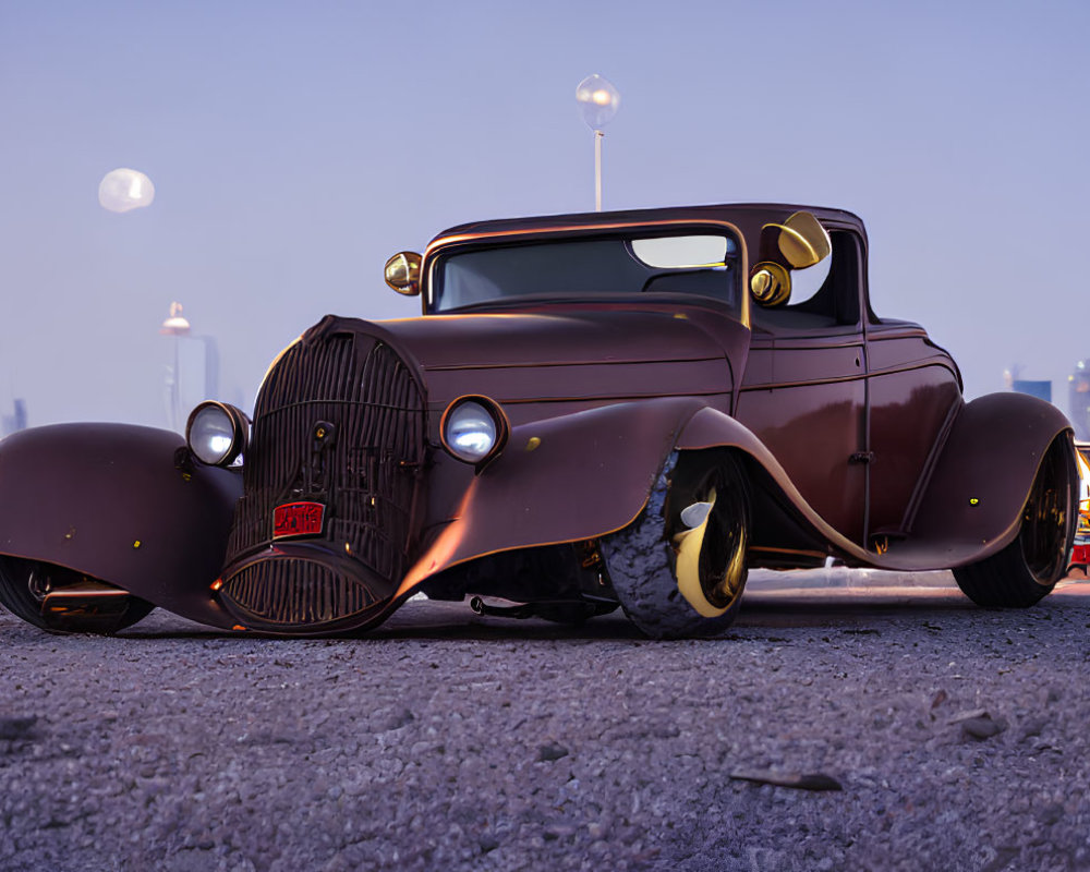 Vintage custom car with oversized fenders and headlights on urban road at dusk