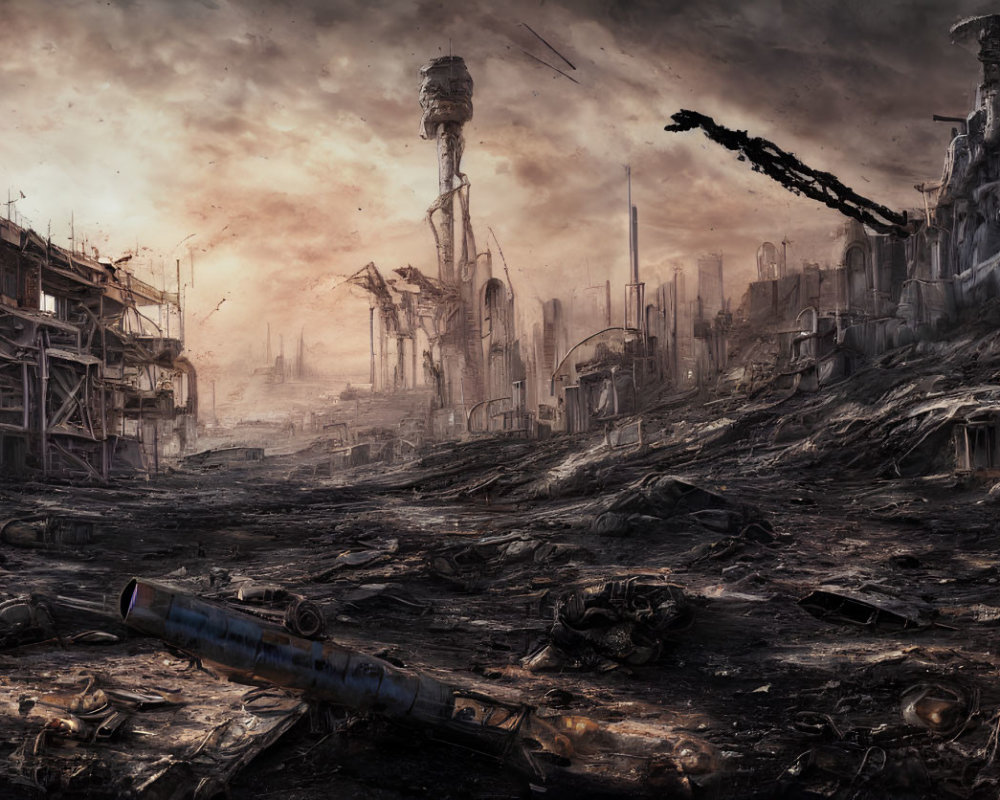 Desolate post-apocalyptic landscape with ruined buildings