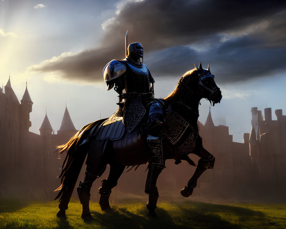 Knight on horseback with castle under dramatic sky