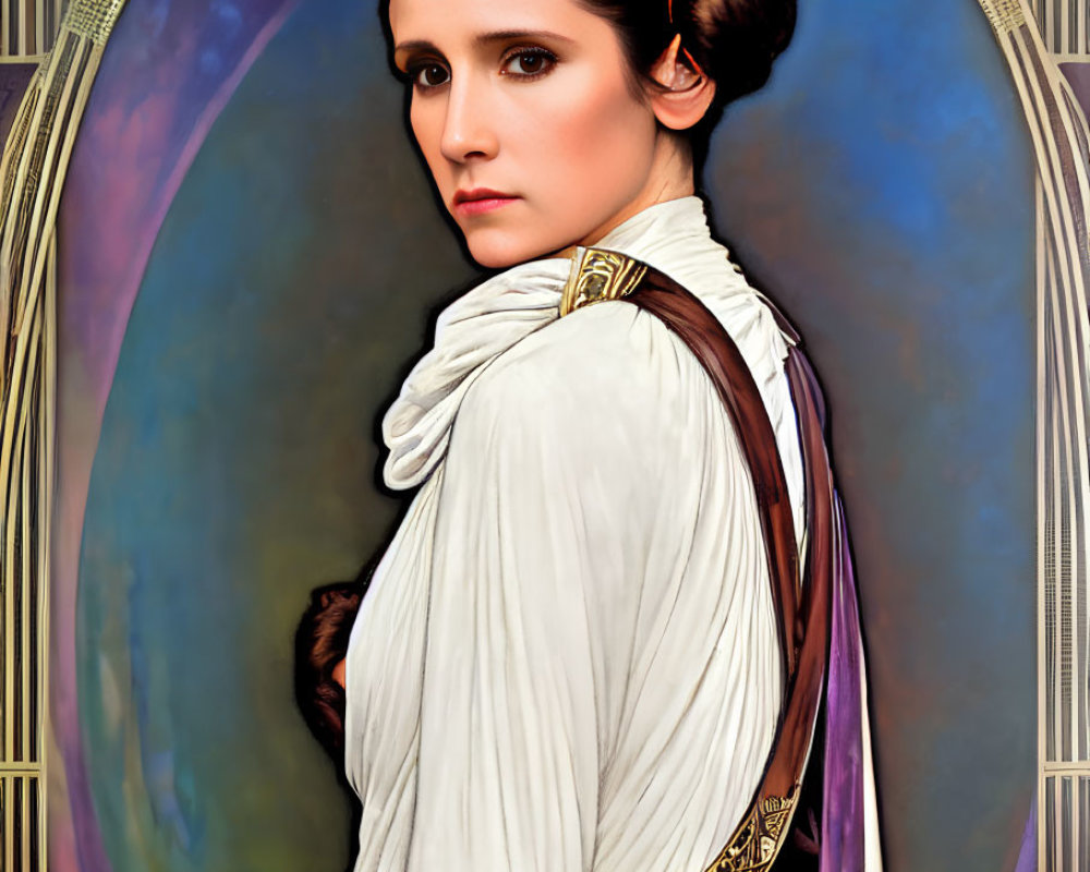 Stylized portrait of a woman with brown hair in side buns, white outfit, against orn