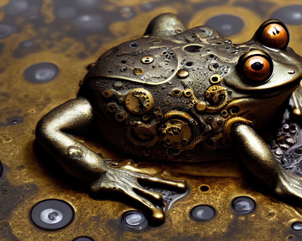 Steampunk-style mechanical frog with cog and gear textures on bronze finish backdrop.