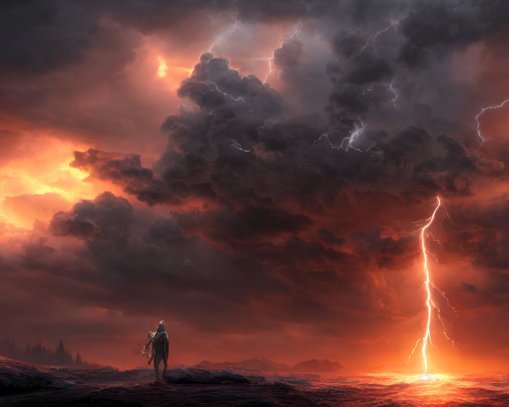 Figure on rocky terrain observes lightning near lava flow under fiery sky