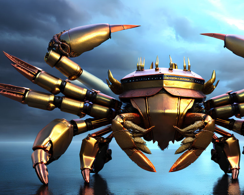 Metallic Crab-Like Robot Artwork by Water and Dramatic Sky