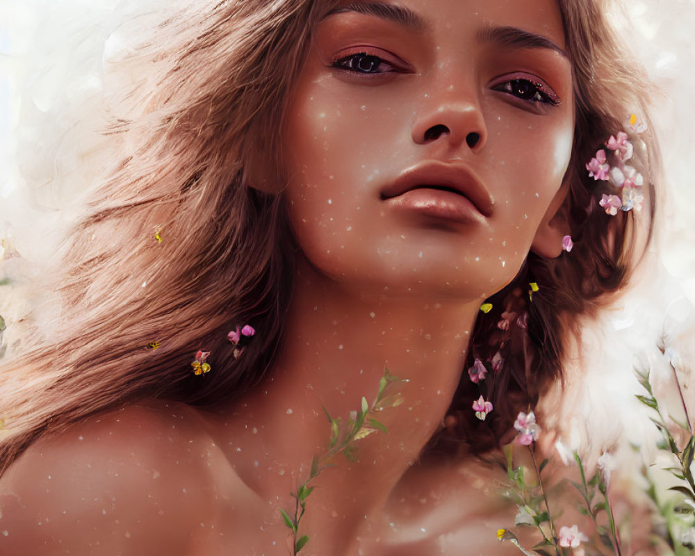 Young woman's digital portrait with flowing hair and flowers in soft light.